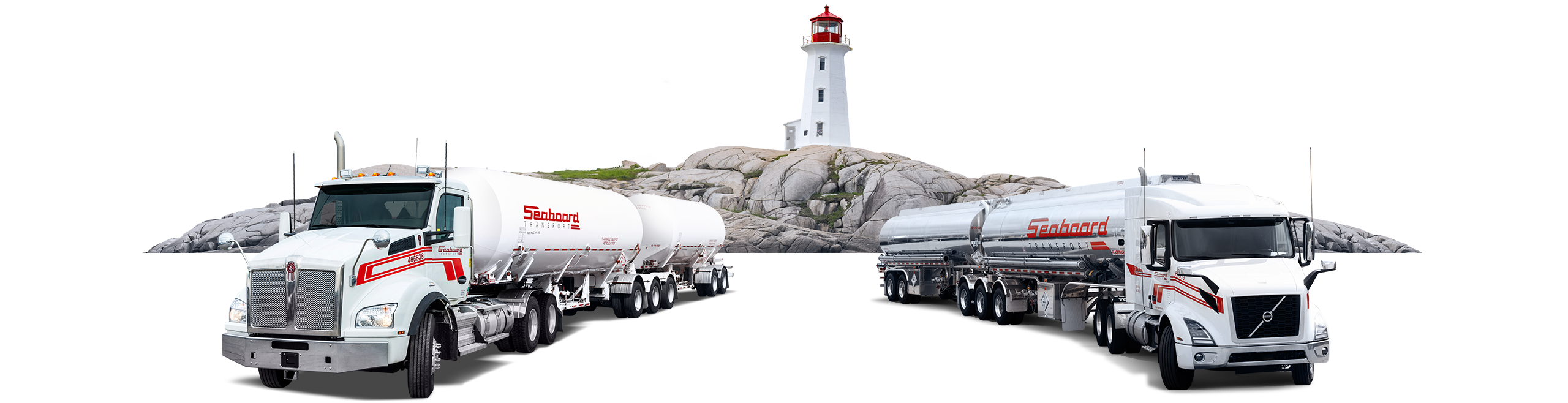 Two Seaboard Transport double tanker trucks in front of East Coast Canada lighthouse